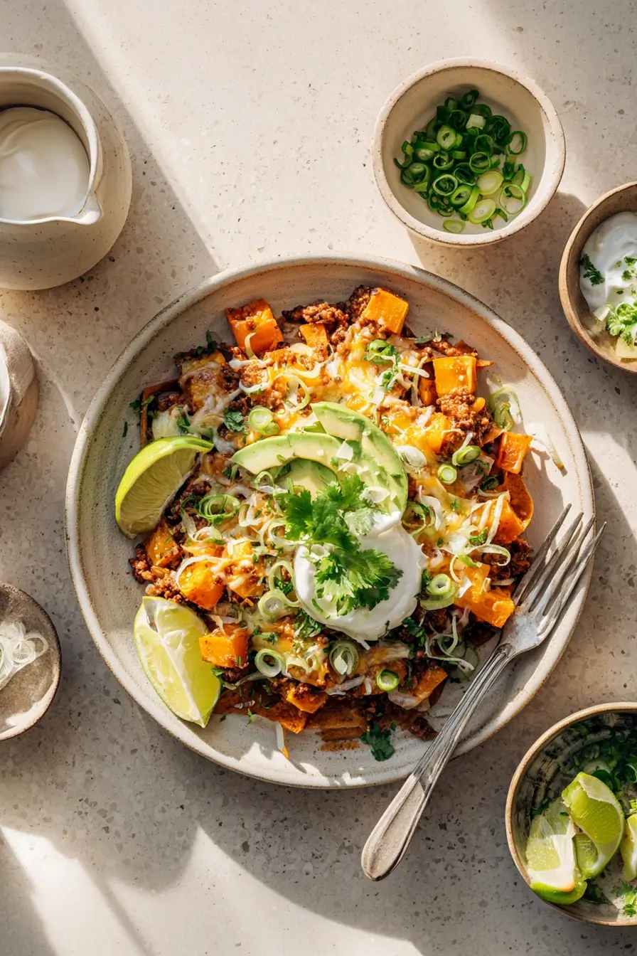 Paleo enchilada skillet served in a white bowl with avocado and dairy-free cheese.