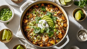 Paleo ground beef enchilada skillet with avocado, tortilla strips, and cilantro in a white pan.