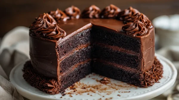 Gluten-Free Triple Layer Chocolate Buttermilk Cake with Slice Removed