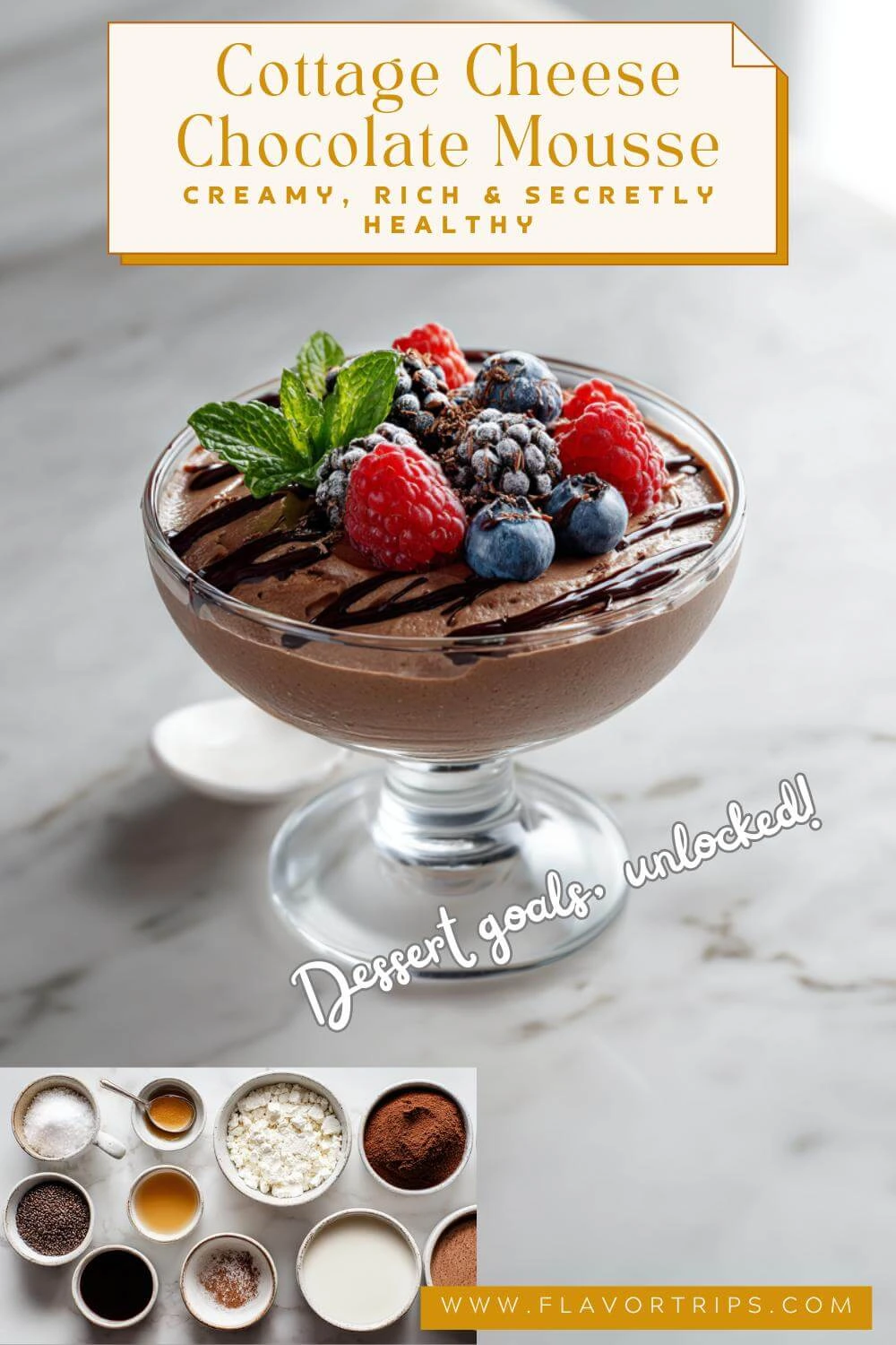 Creamy Cottage Cheese Chocolate Mousse with Berries – 45-Degree View