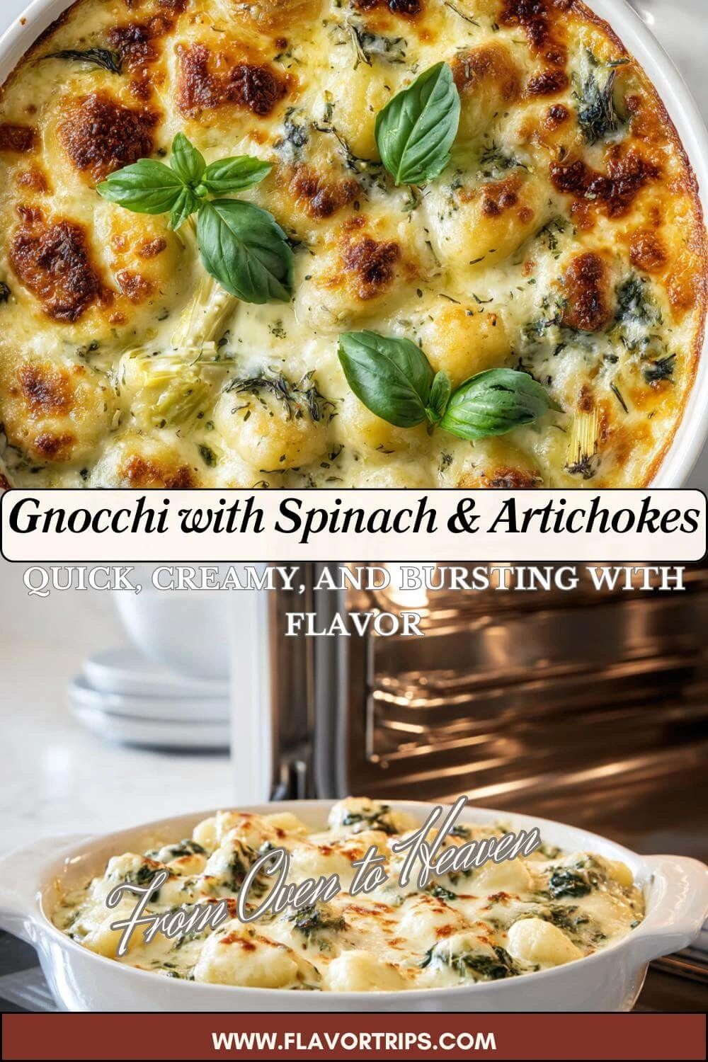 freshly baked creamy pesto gnocchi with spinach and artichokes coming out of oven