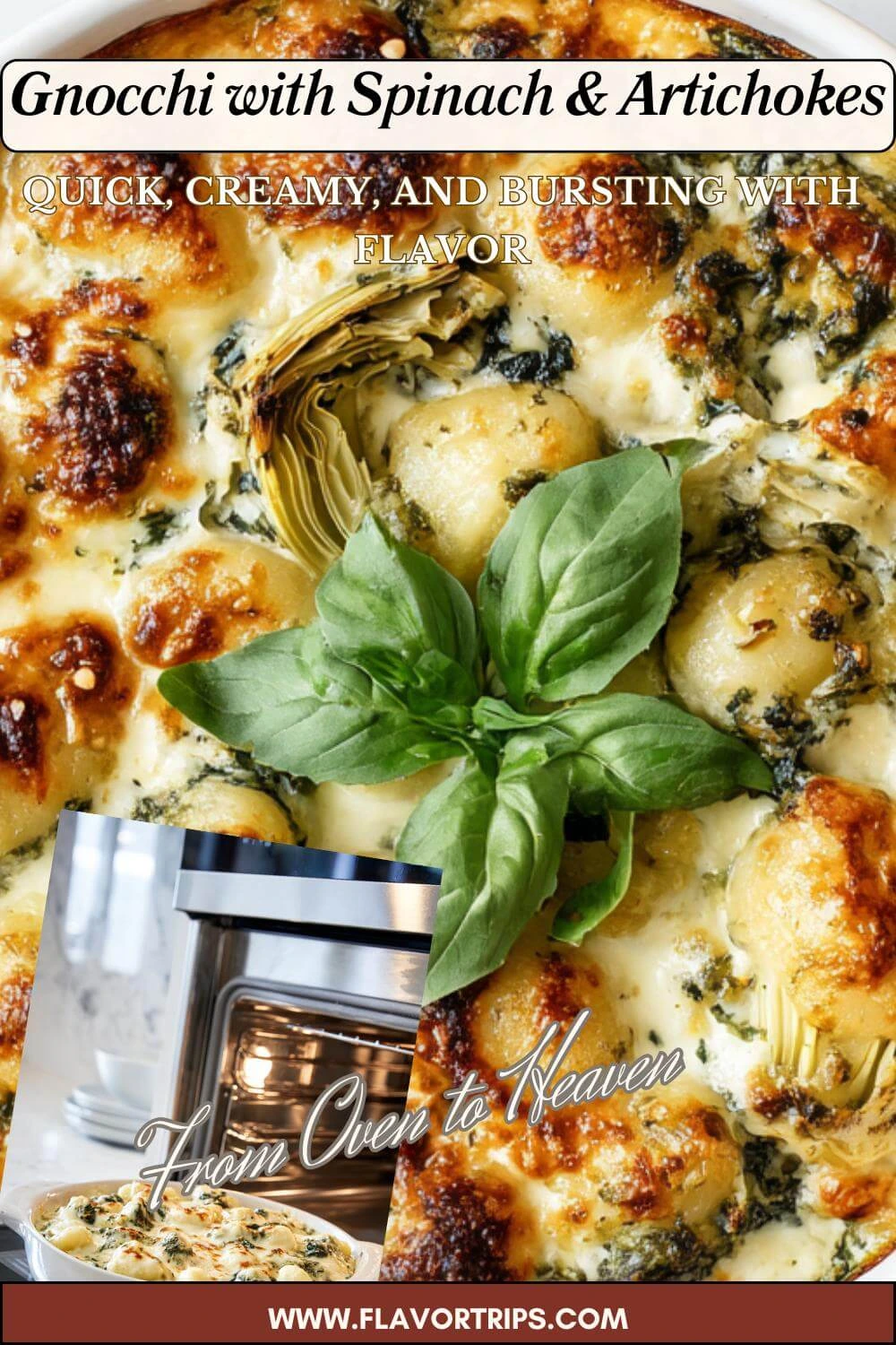 creamy pesto gnocchi with spinach and artichokes being placed into oven for baking