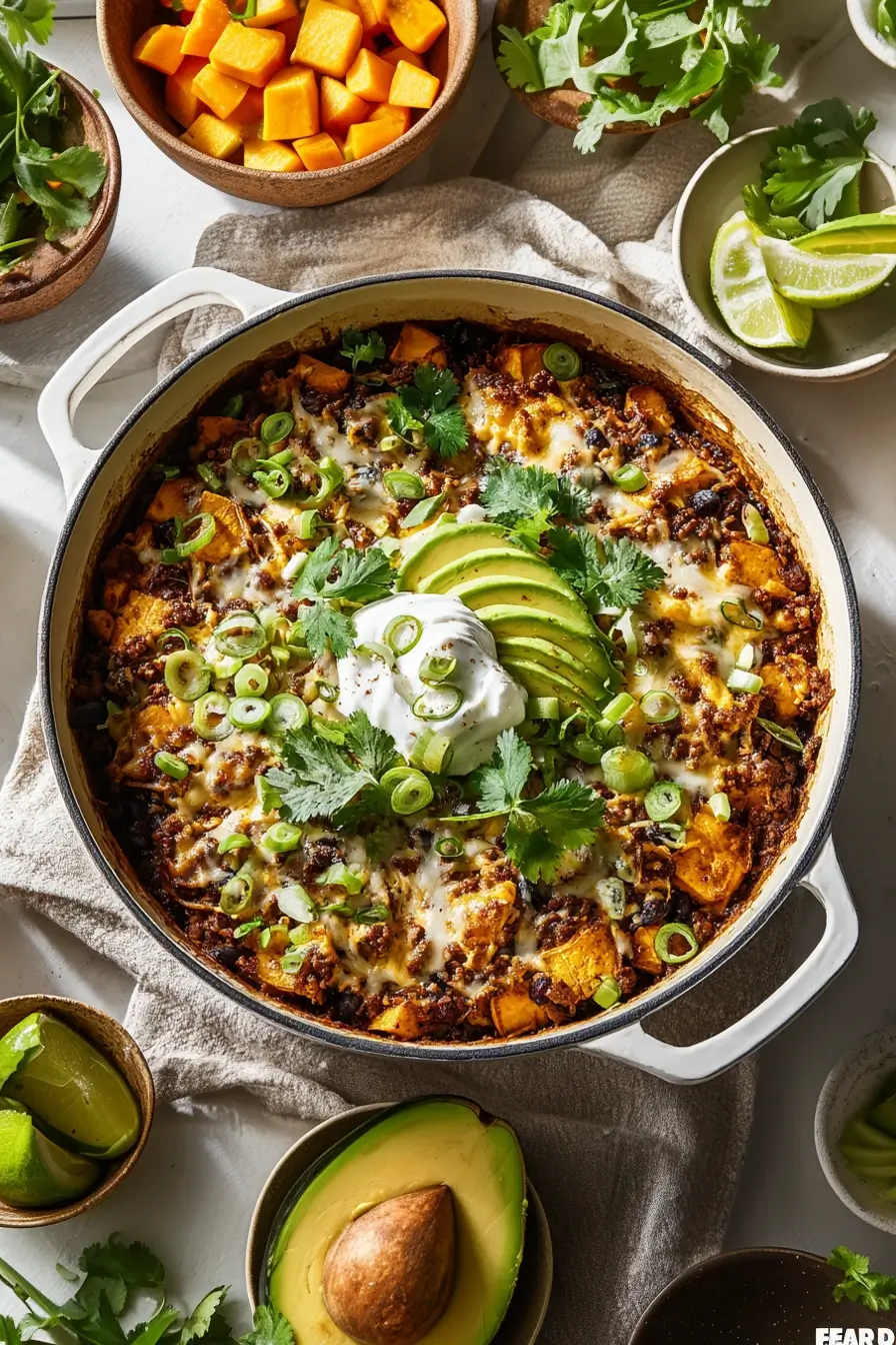 Side view of paleo ground beef enchilada skillet with fresh toppings.