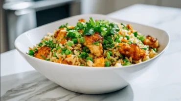High-Protein Garlic Chicken Fried Rice at 45° with Crispy Chicken & Veggies
