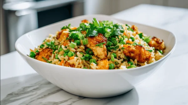 High-Protein Garlic Chicken Fried Rice at 45° with Crispy Chicken & Veggies
