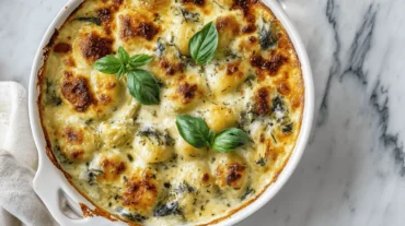 Creamy pesto gnocchi with spinach and artichokes, baked with golden gouda