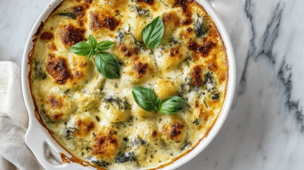 Creamy pesto gnocchi with spinach and artichokes, baked with golden gouda