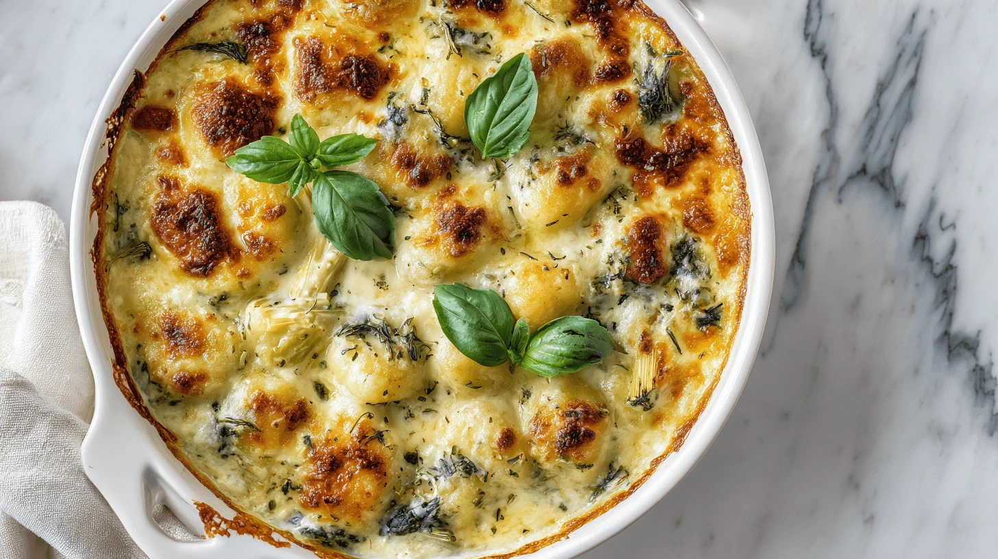 Creamy pesto gnocchi with spinach and artichokes, baked with golden gouda