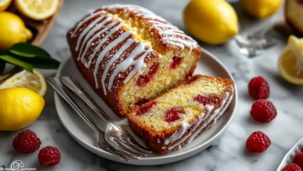 Gluten-free raspberry lemon loaf with icing drizzle, fresh raspberries, and lemon halves on marble