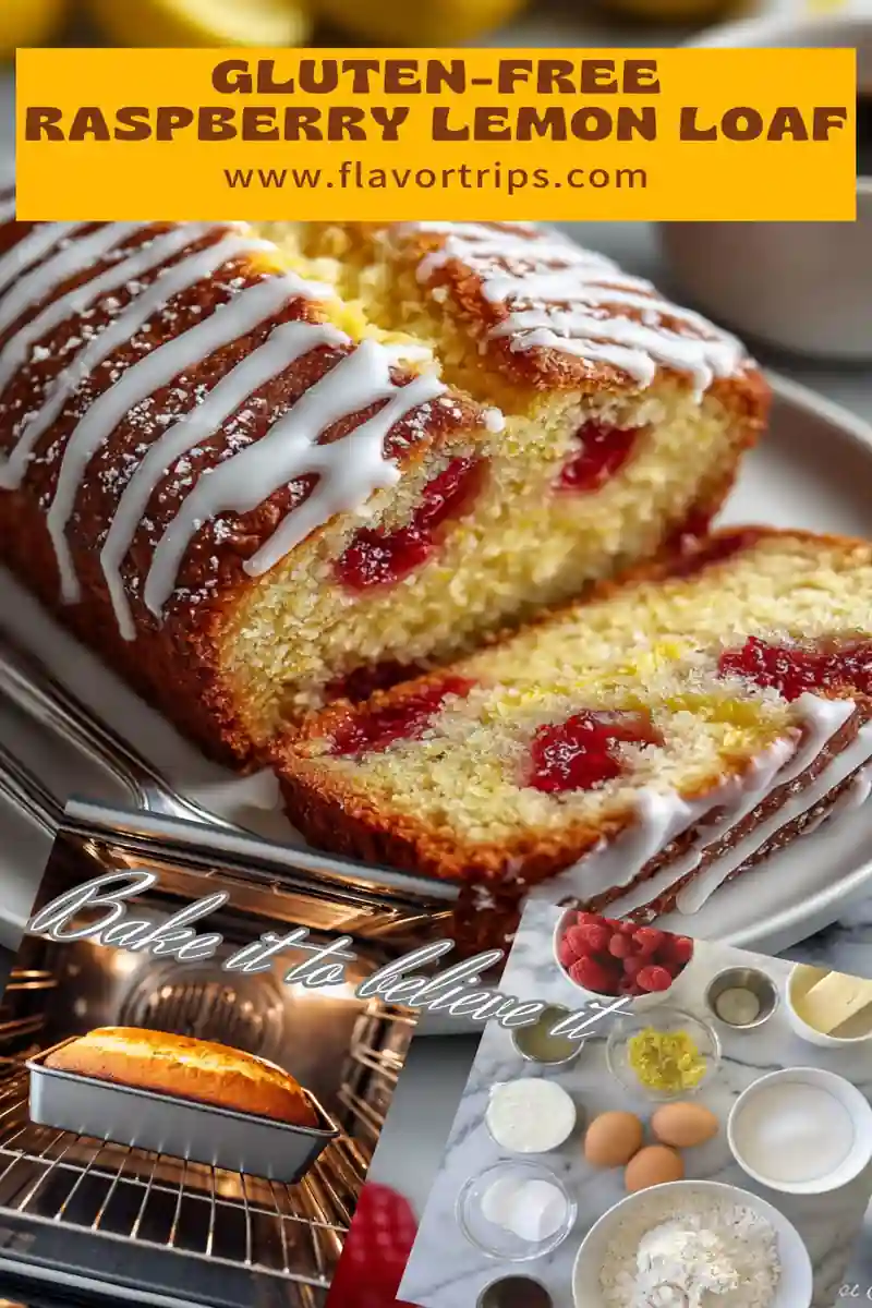 Gluten-free raspberry lemon loaf sliced with bold yellow title banner and oven + ingredients collage