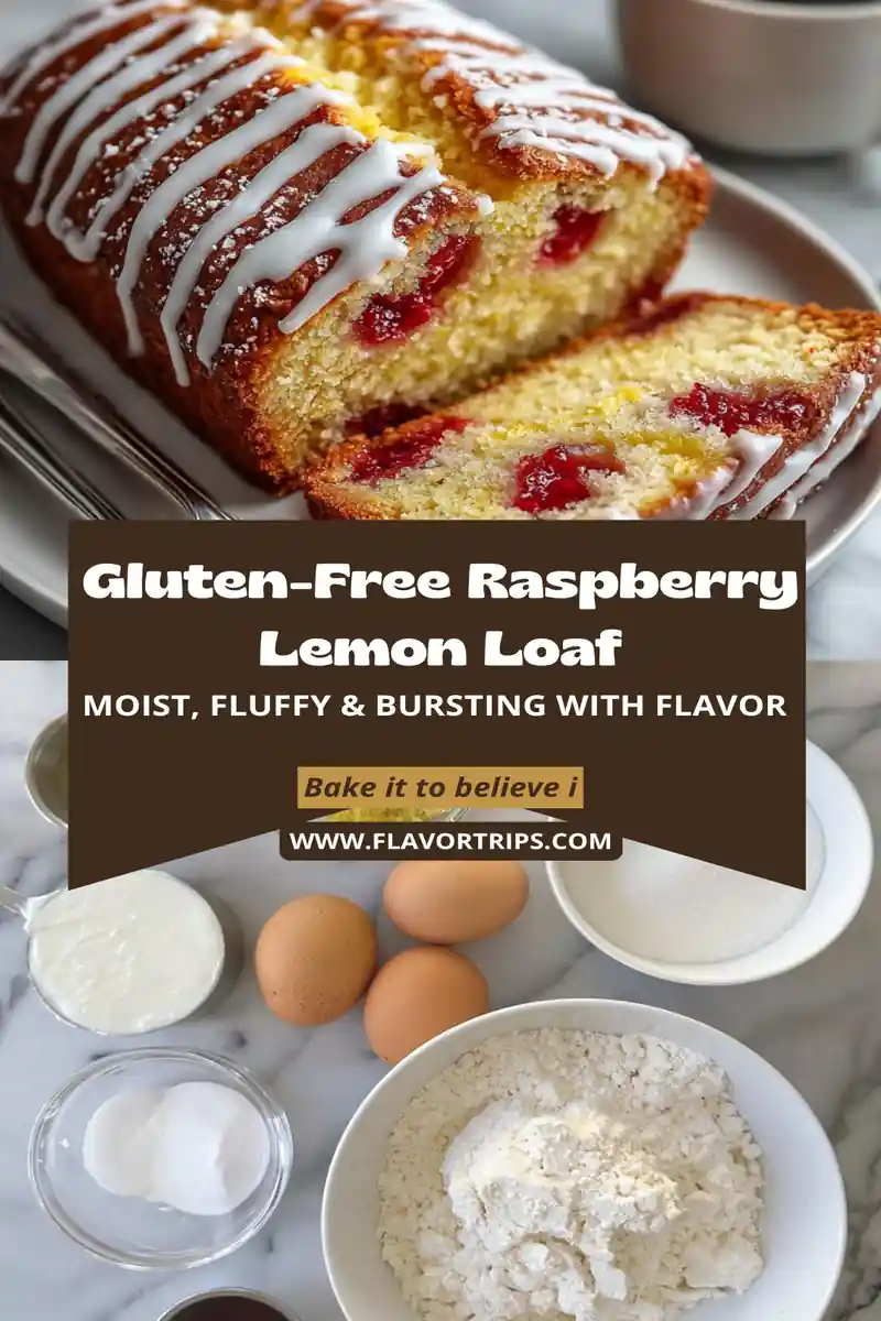 Moist gluten-free raspberry lemon loaf with bold brown text and ingredient background
