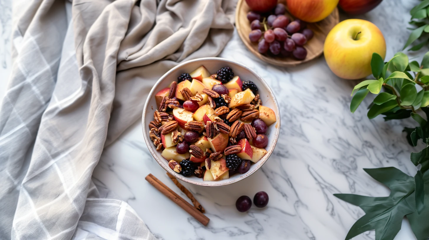 Overhead view of autumn fruit salad with apples, grapes, blackberries, pecans, and cinnamon sticks on marble background