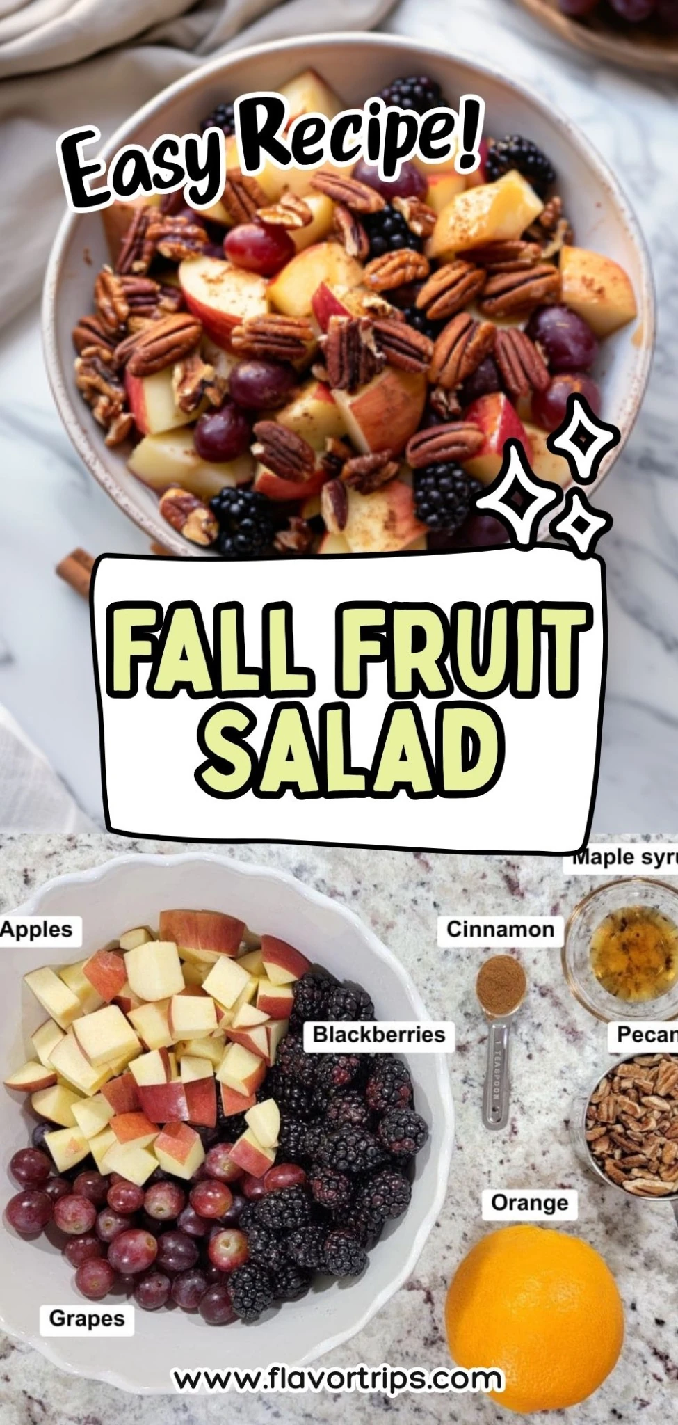 Centered bowl of fall fruit salad with apples, blackberries, grapes, and pecans surrounded by fresh fruit on marble surface