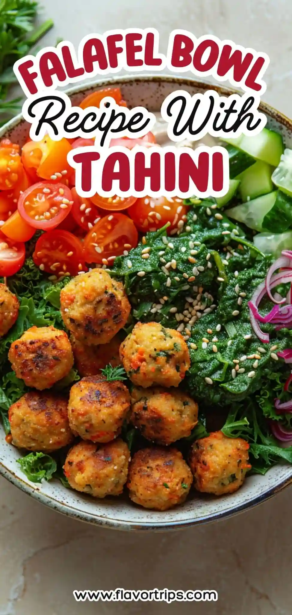 Colorful bowl with falafel, cherry tomatoes, kale, cucumbers, and tahini – vegan Mediterranean recipe