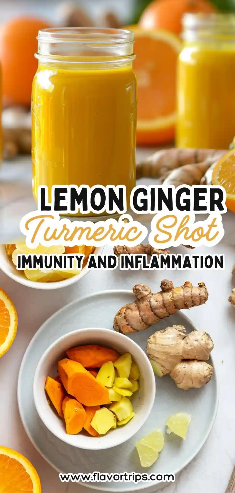 labeled turmeric shot jar with ginger, lemon, turmeric, and orange for inflammation and immunity