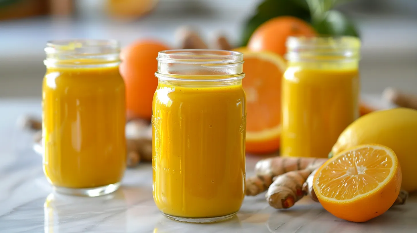vibrant yellow Lemon Ginger Turmeric Shot in glass jars with citrus and roots on marble