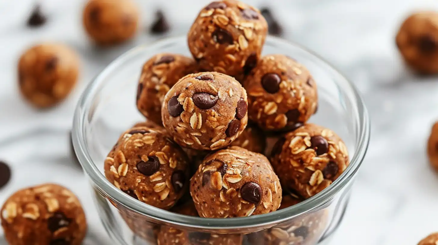 close-up of chocolate chip peanut butter protein balls in a clear glass bowl on marble surface