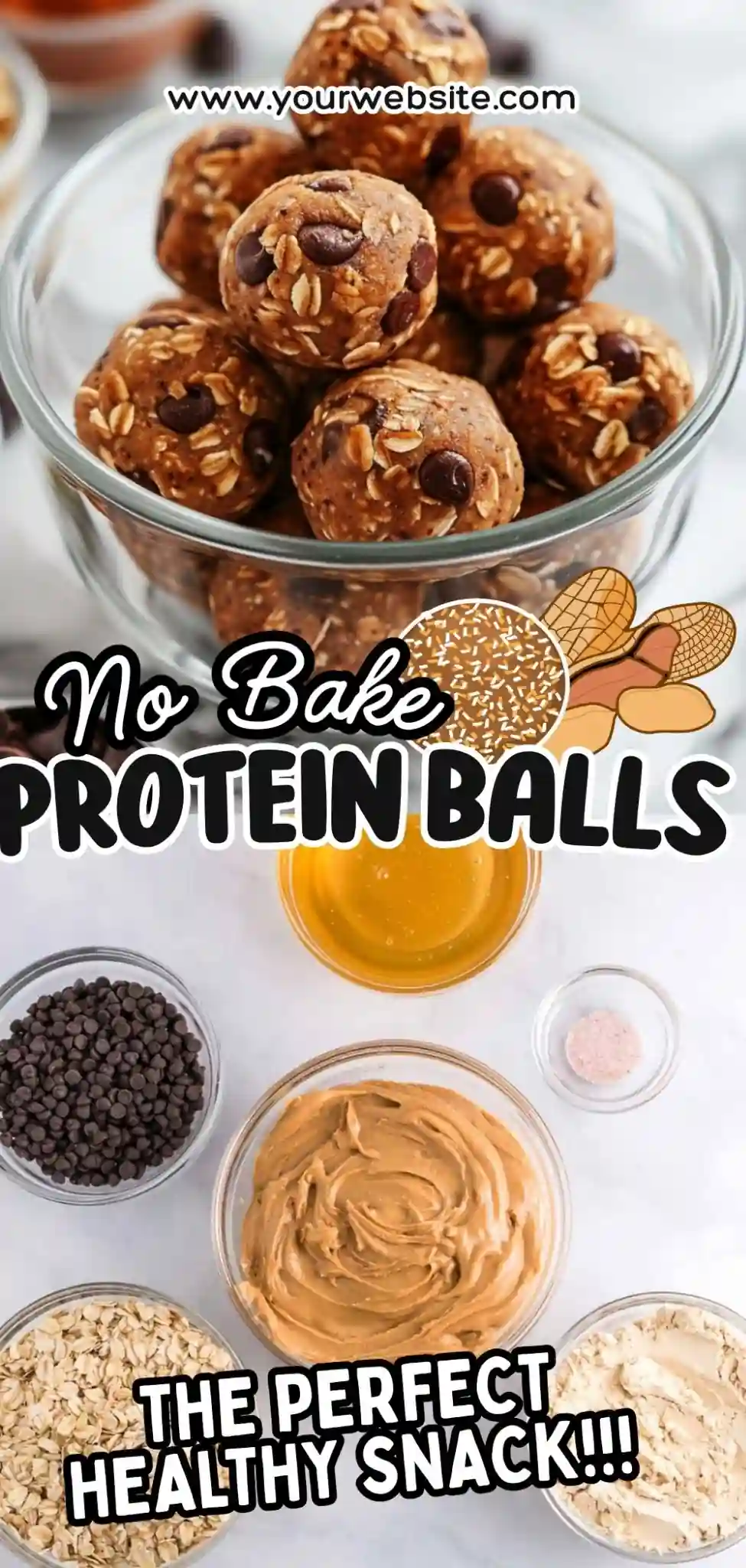 energy bites with oats, chocolate chips, peanut butter and honey, styled in glass bowl with ingredient flatlay