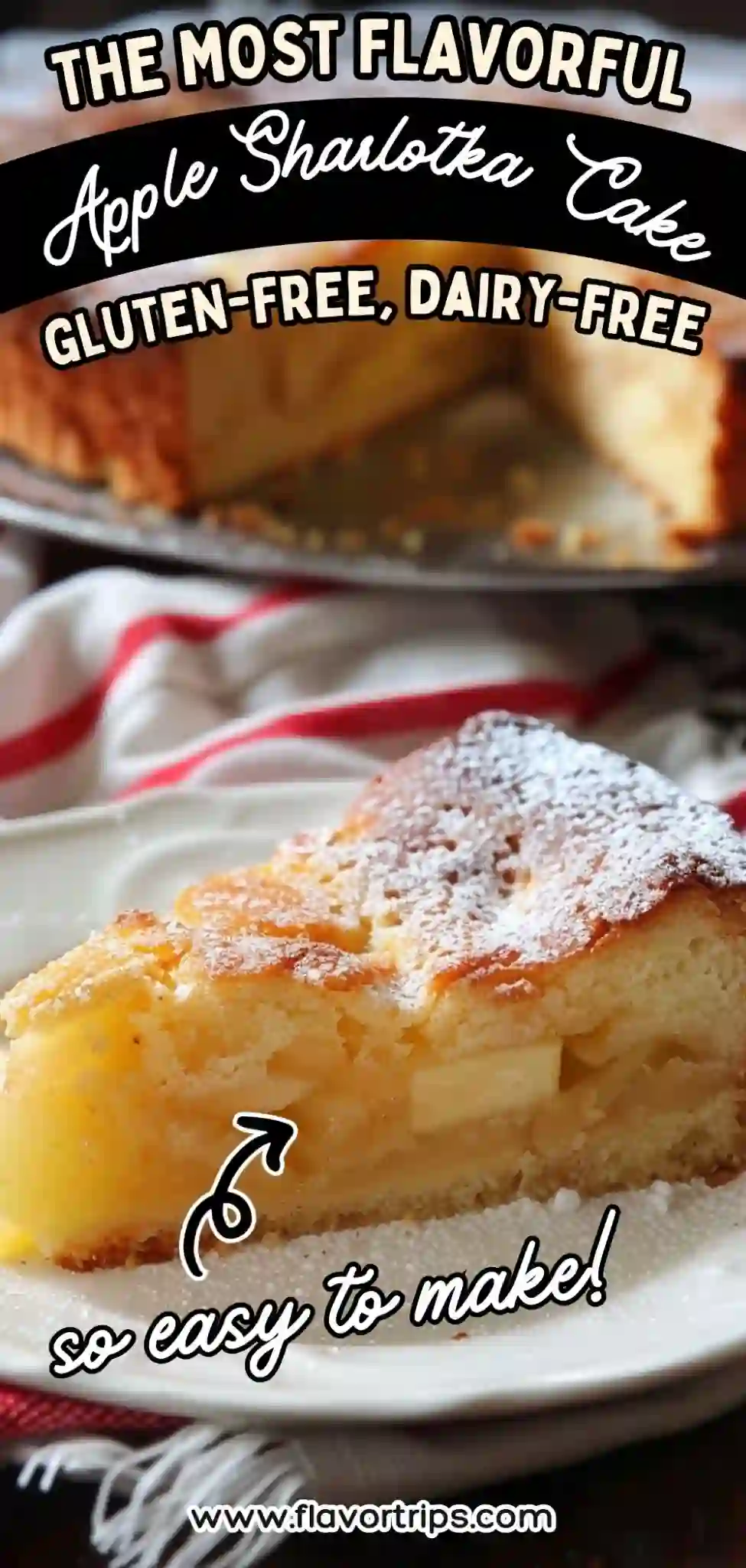 gluten-free dairy-free apple sharlotka cake with powdered sugar and soft apple layers