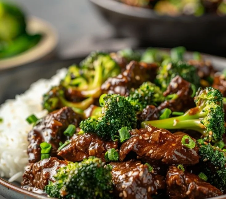 A delicious plate of Beef and Broccoli stir fry, garnished and ready to serve.