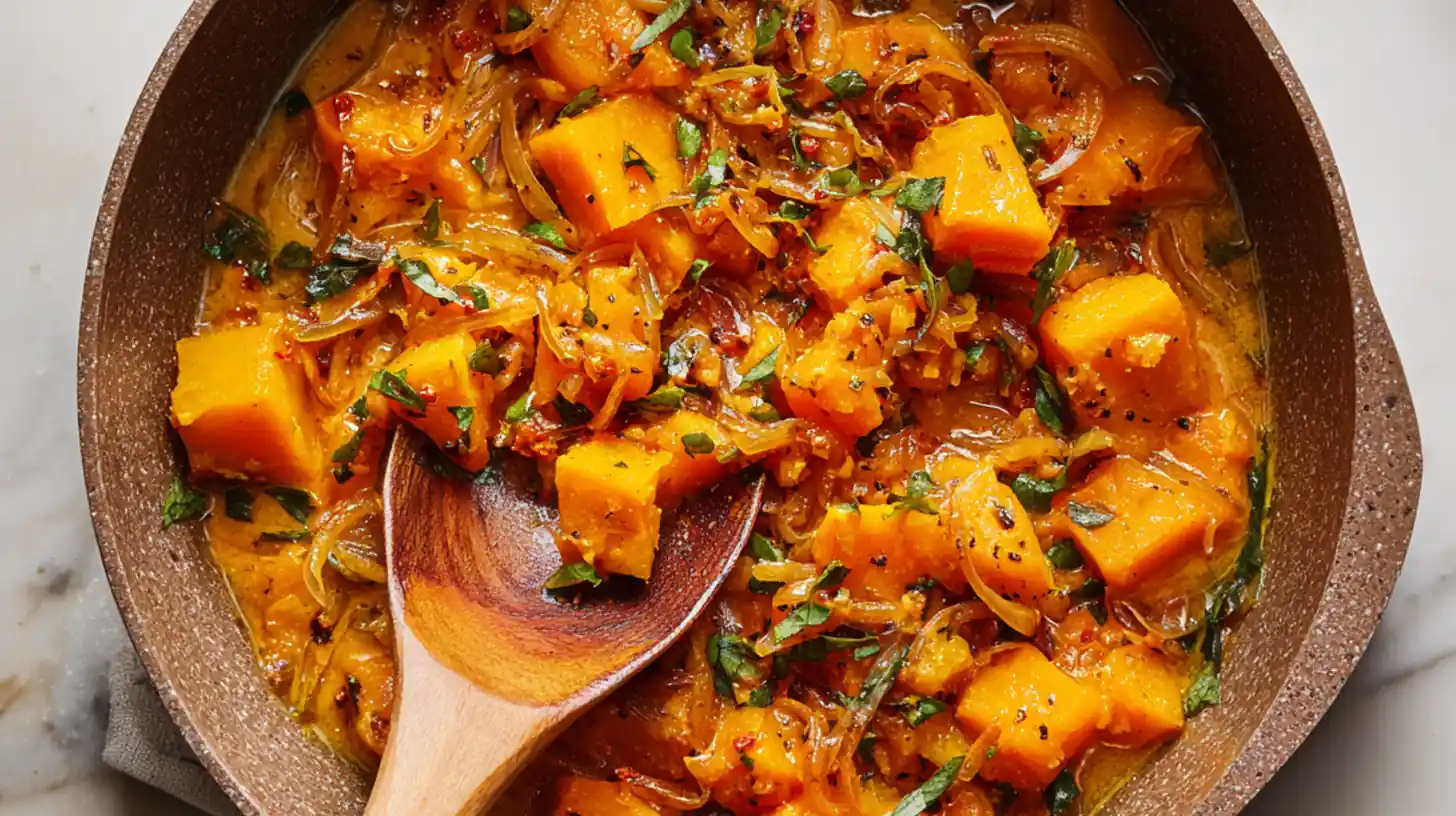 butternut squash curry with caramelized onions and herbs in a skillet with wooden spoon