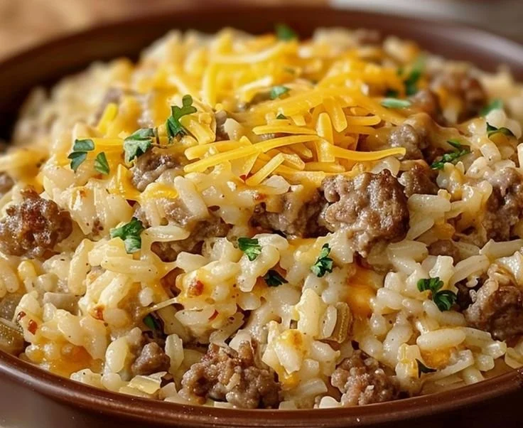 Delicious cheesy hamburger rice casserole served in a bowl.