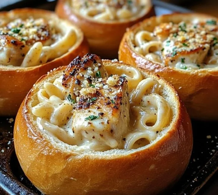 Chicken Alfredo Garlic Bread Bowls 1 Chicken Alfredo Garlic Bread Bowls filled with creamy chicken alfredo sauce.