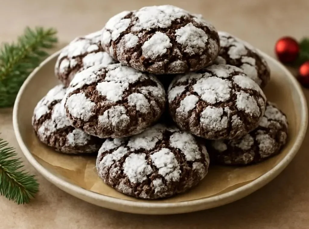 Chocolate crinkle cookies dusted with powdered sugar on a baking tray.