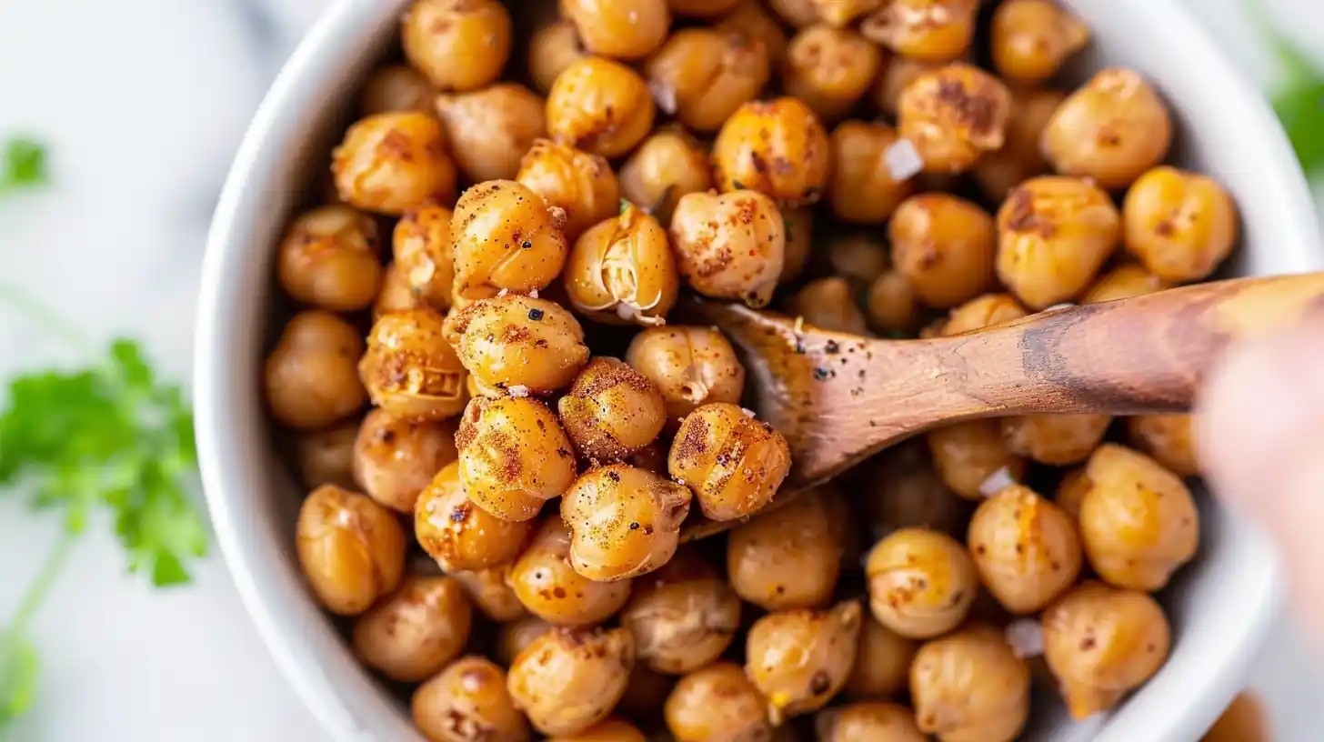 close-up of crispy roasted chickpeas in a bowl with wooden spoon and black pepper seasoning