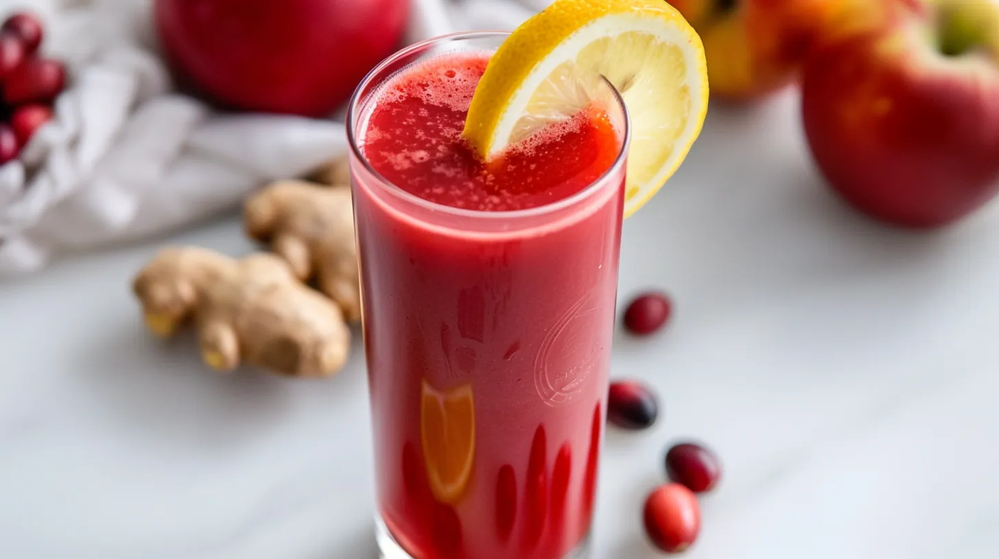 Bright detox juice with lemon wedge in tall glass, surrounded by fresh ginger, cranberries, and apples