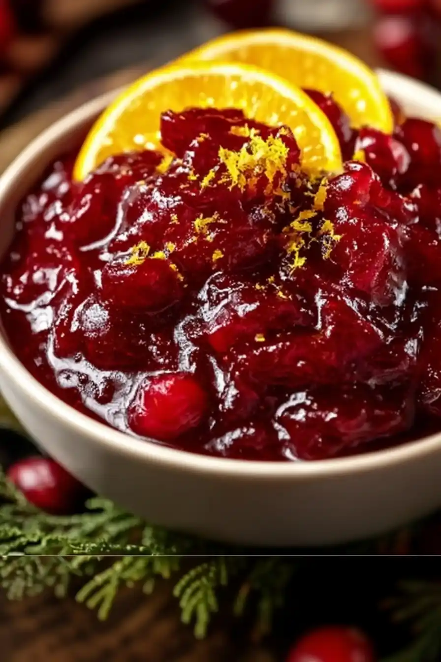 cranberry sauce topped with orange slices and zest in white bowl