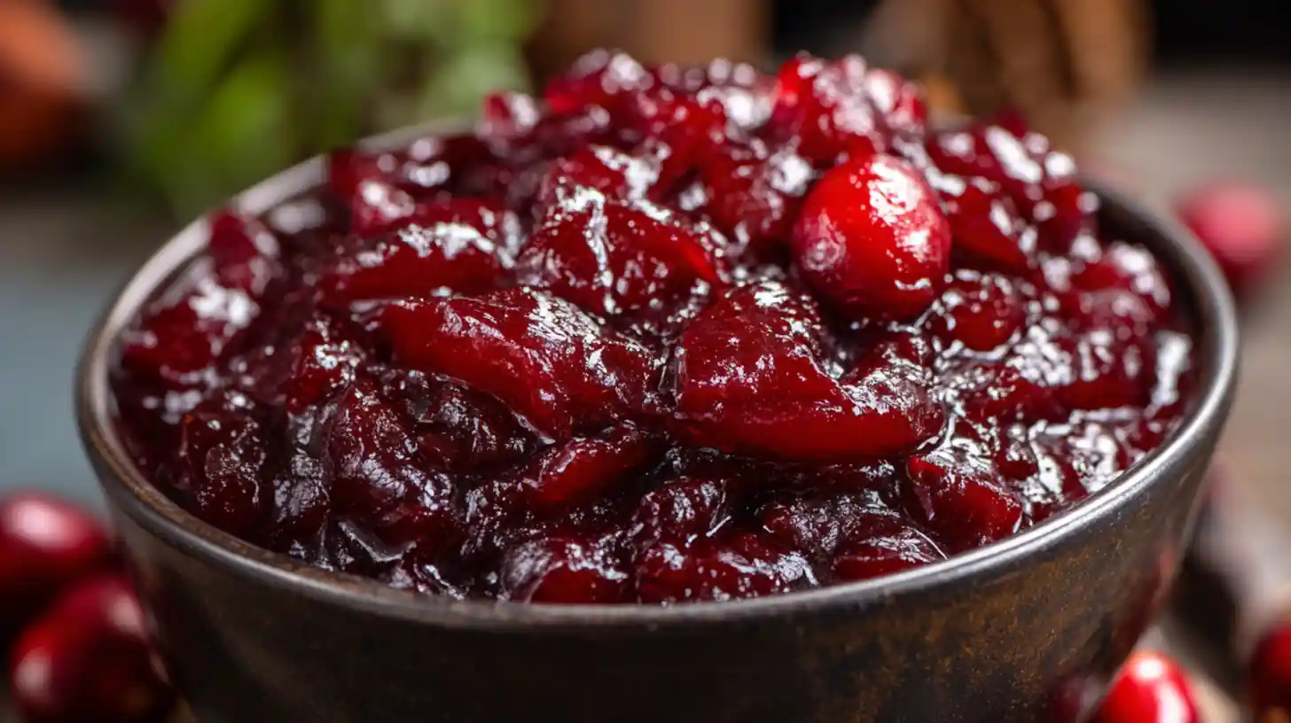 close-up of rustic homemade cranberry sauce in dark ceramic bowl