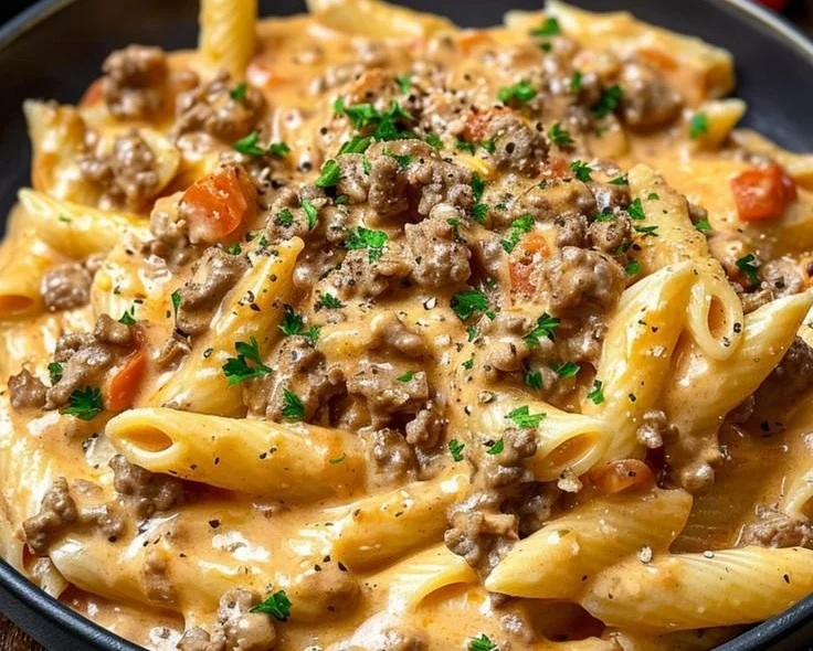Delicious creamy beef pasta served in a bowl with herbs on top