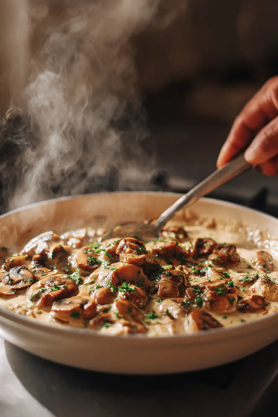 hand stirring creamy vegan mushroom sauce with herbs in a white pan