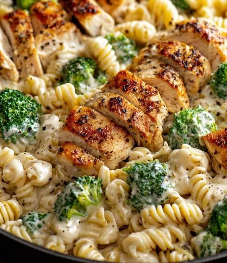 Creamy rotisserie chicken broccoli pasta dish served in a bowl