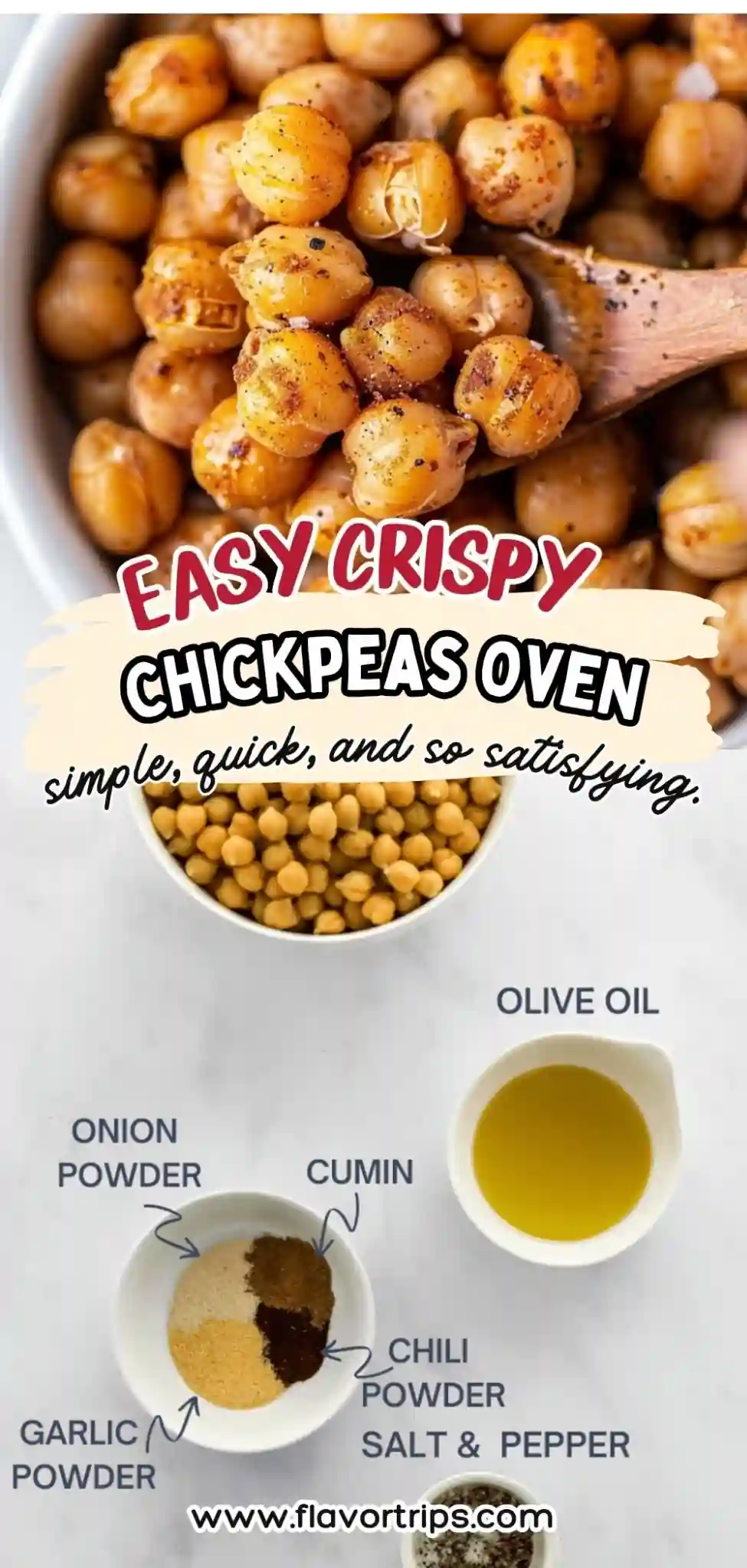 seasoned roasted chickpeas in white bowl with wooden spoon, labeled spices and olive oil flat lay