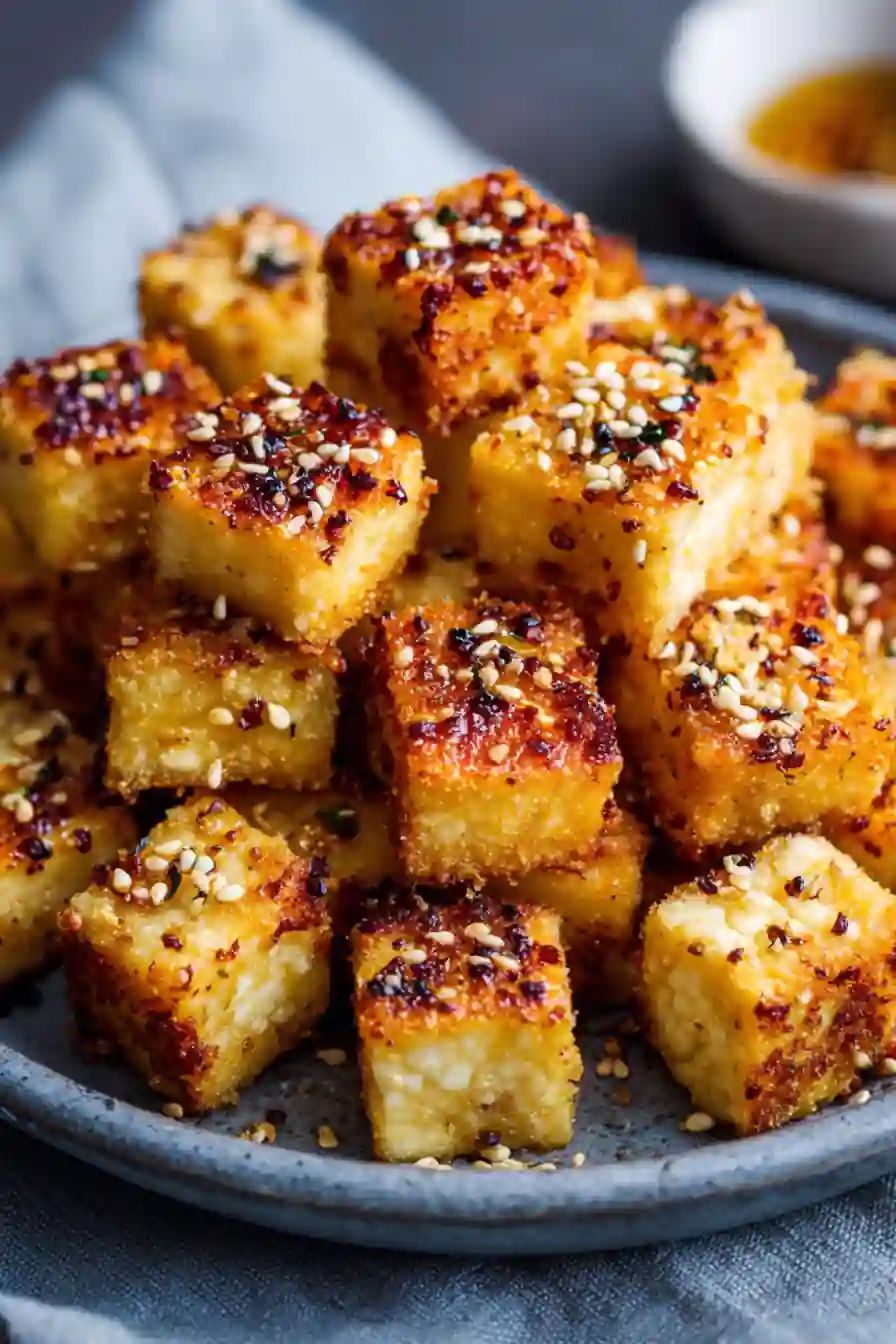 Crispy tofu bites glazed with sesame seeds and spices on plate