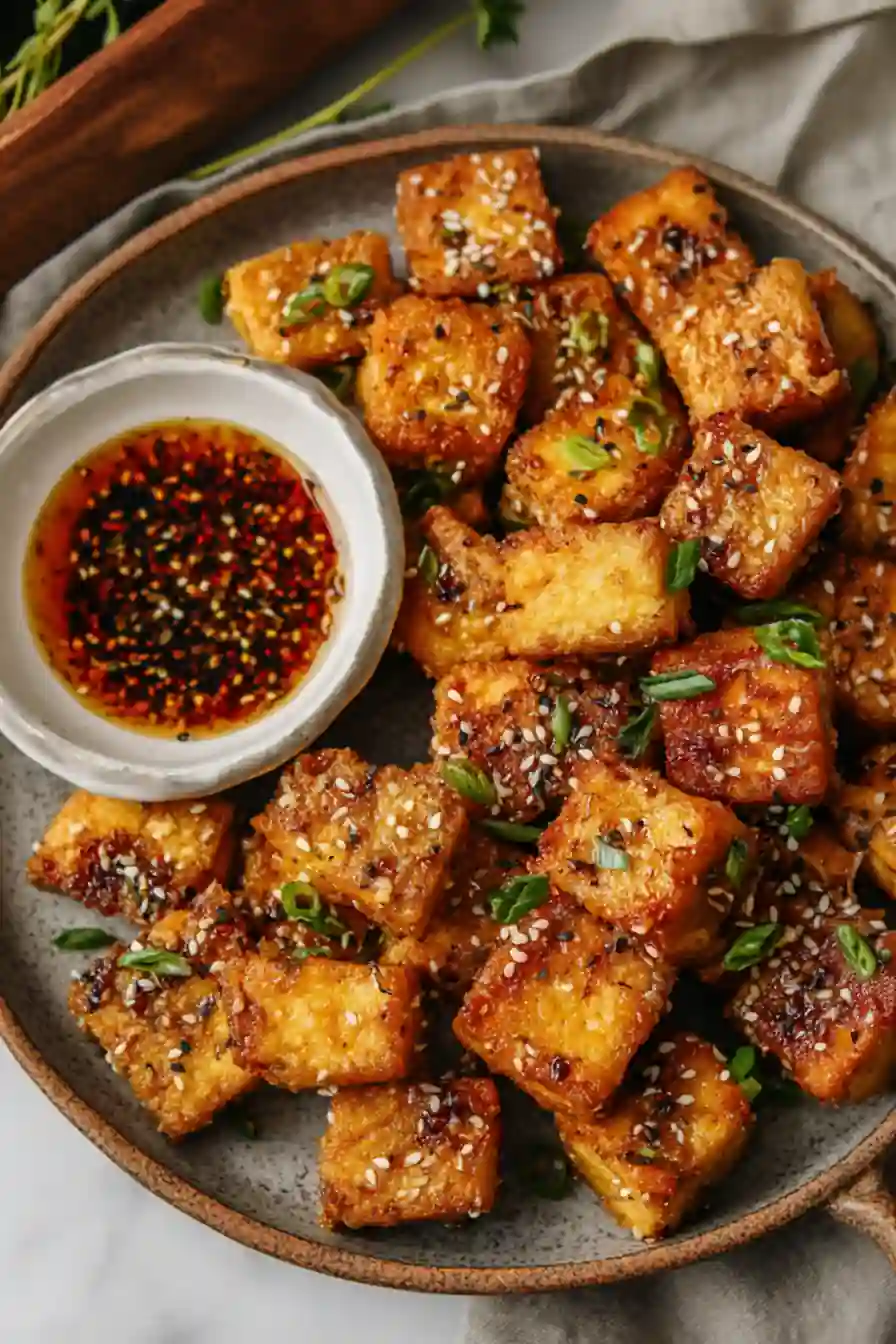Crispy tofu bites served with soy dipping sauce and scallions