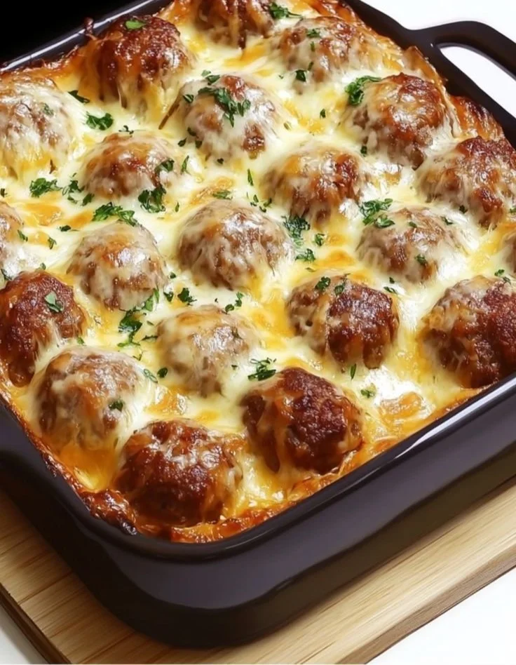 Delicious Dump-and-Bake Meatball Casserole fresh out of the oven