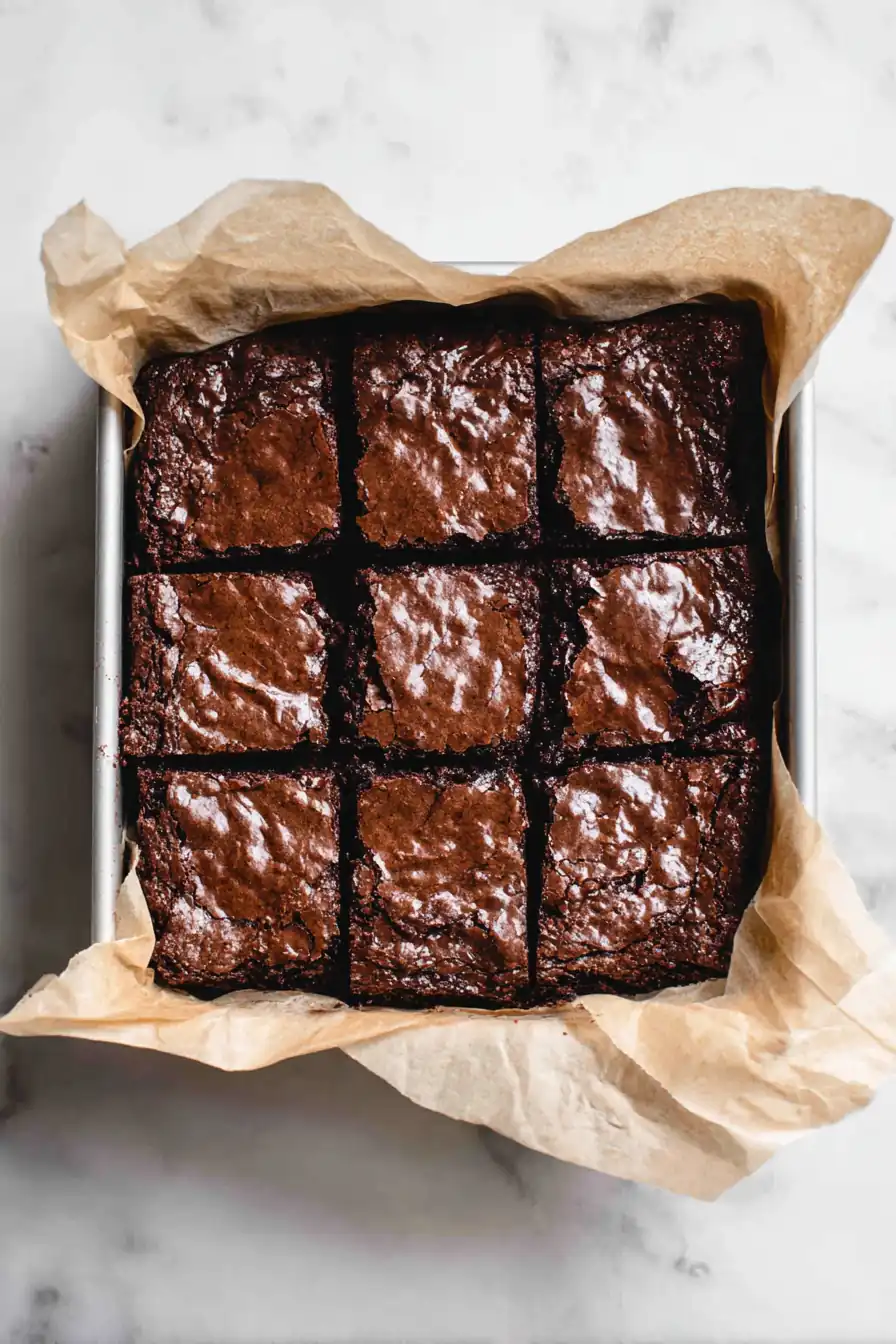 freshly baked fudgy gluten‑free brownies cooling in the pan