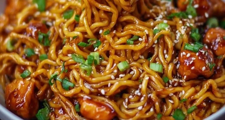 Delicious plate of garlic chicken noodles garnished with fresh herbs