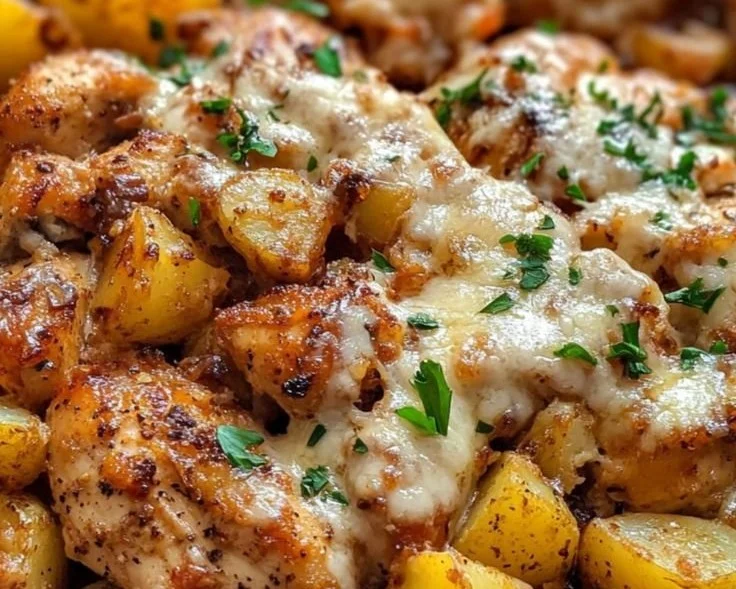 Garlic Parmesan Chicken served with roasted potatoes on a plate