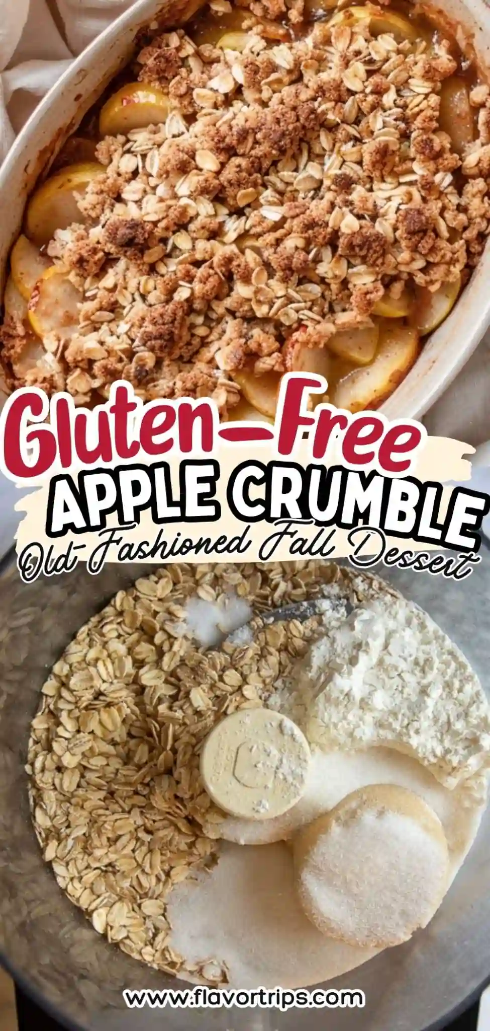 Gluten-free apple crumble with golden oat topping in a white ceramic dish, perfect fall dessert