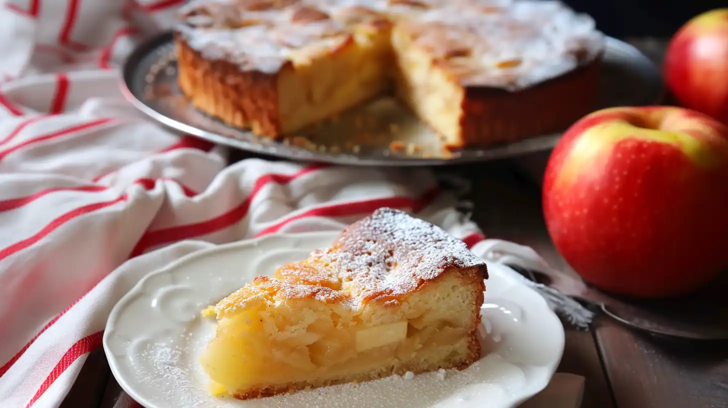 slice of gluten-free apple sharlotka cake on white plate with red striped cloth and whole apples