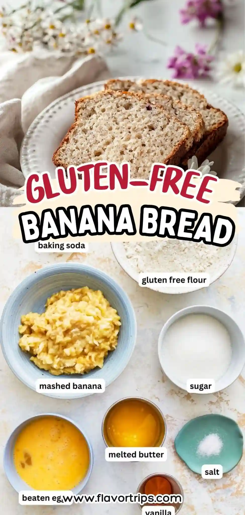 gluten-free banana bread slices with ingredients like mashed banana, gluten-free flour, eggs, and butter