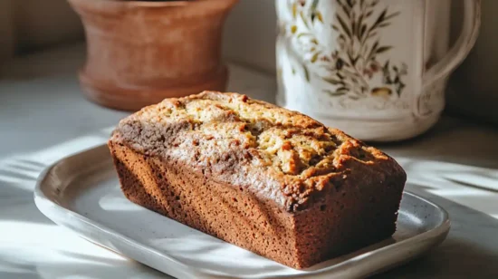 whole gluten-free banana bread loaf on ceramic tray with rustic kitchen decor