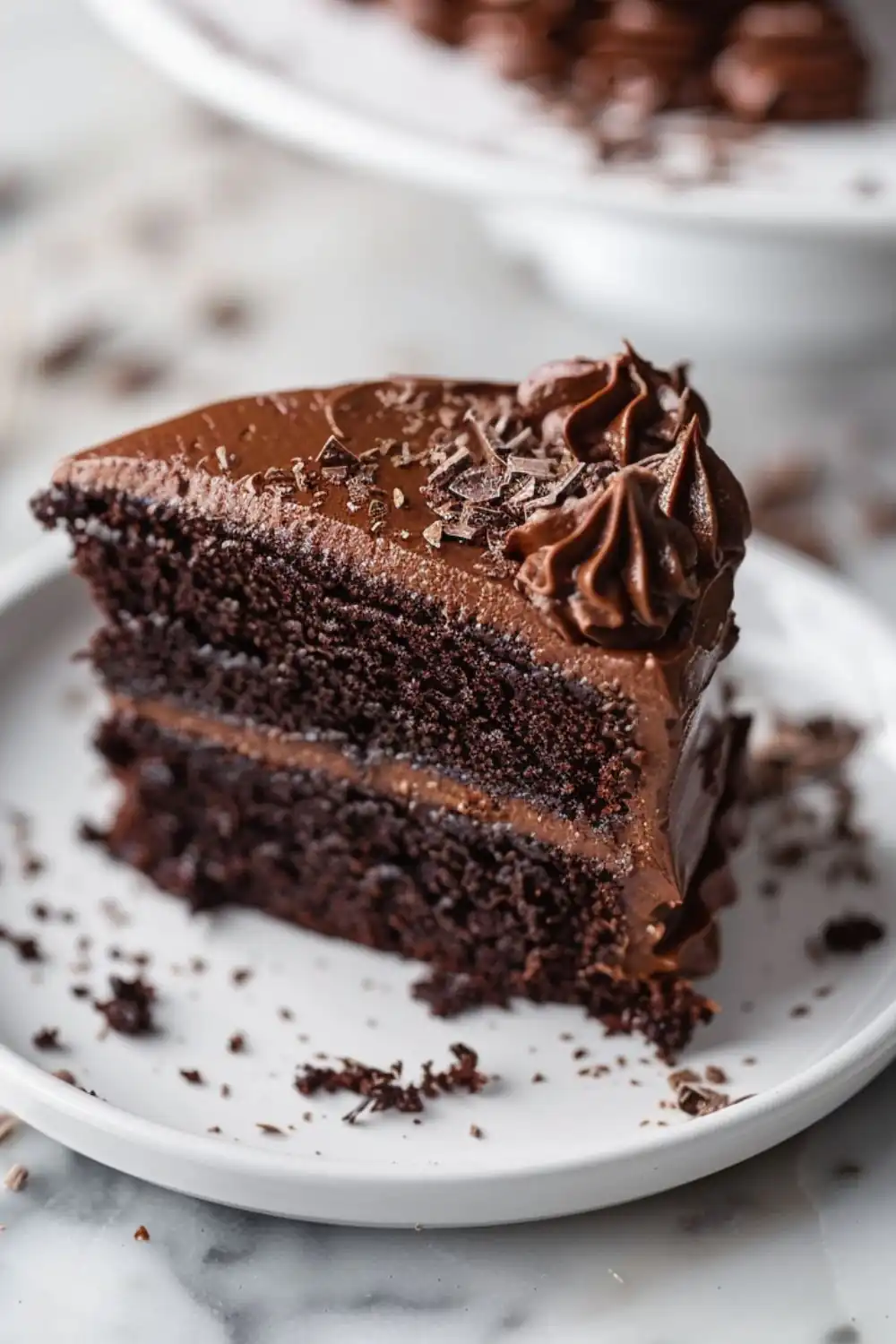 close-up of a double-layer gluten free chocolate cake slice with frosting