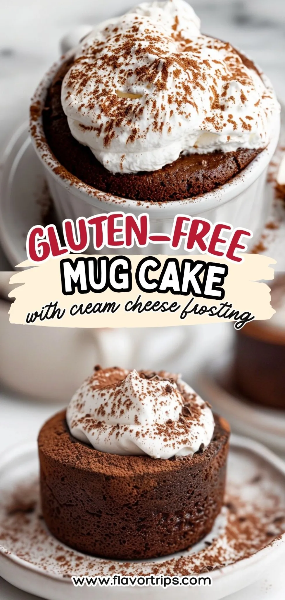Gluten-free chocolate mug cake with cream cheese frosting, topped with whipped cream and cocoa dust in a white ramekin