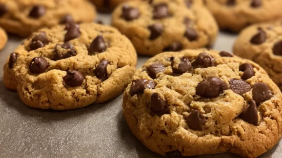 close-up of gluten-free oatmeal cookies packed with chocolate chips