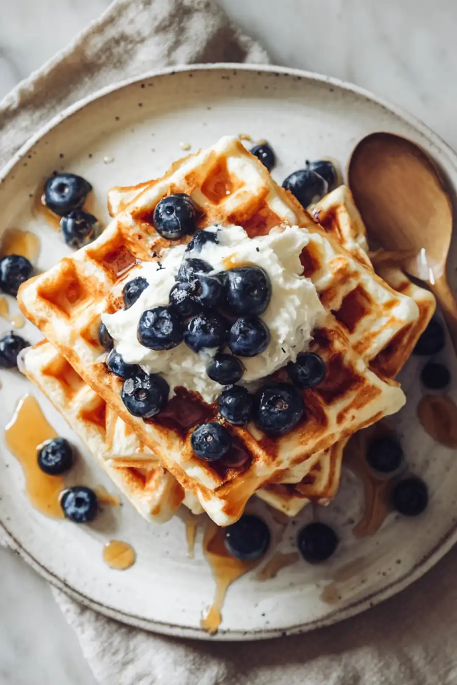 Stack of gluten-free waffles topped with whipped cream, fresh blueberries, and maple syrup